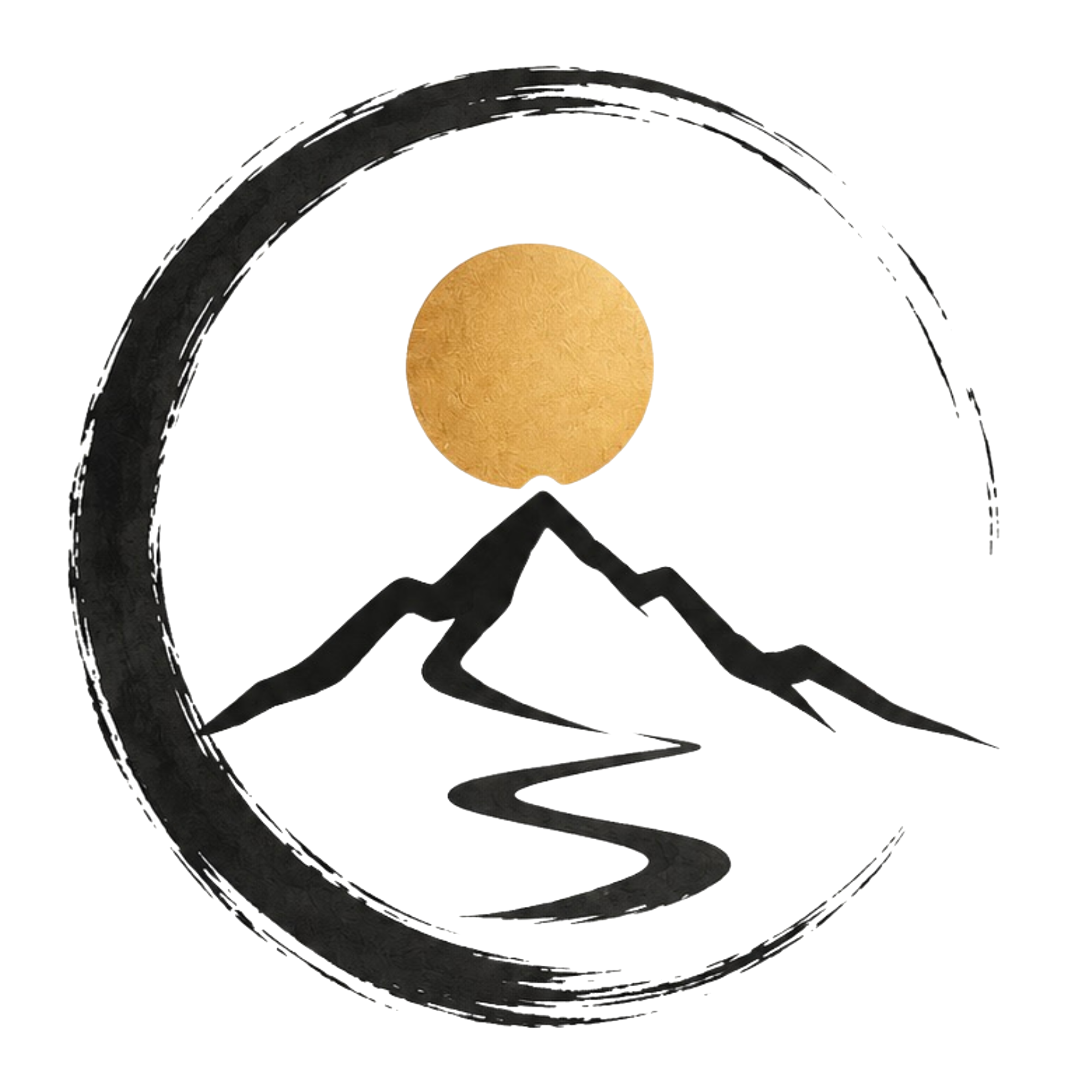 Klaus Weiler Logo — Enso mit Berg und goldener Sonne